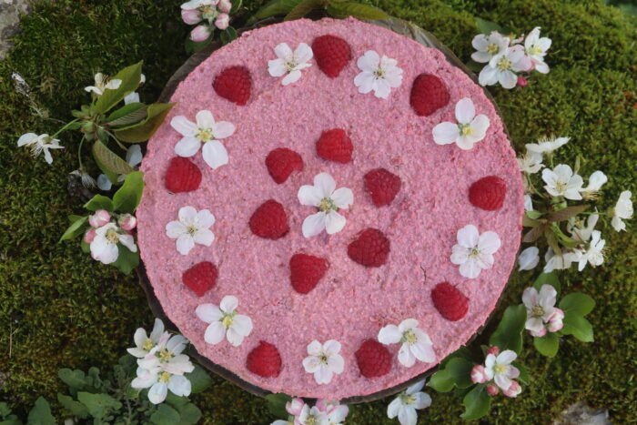 Tendresse de rosacées, gâteau cru fraise, framboise et rose